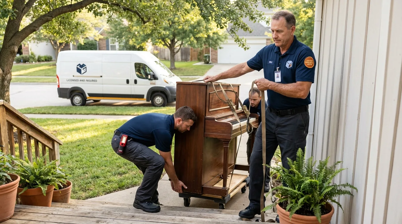 Licensed piano movers securing grand piano in Schwenksville, PA