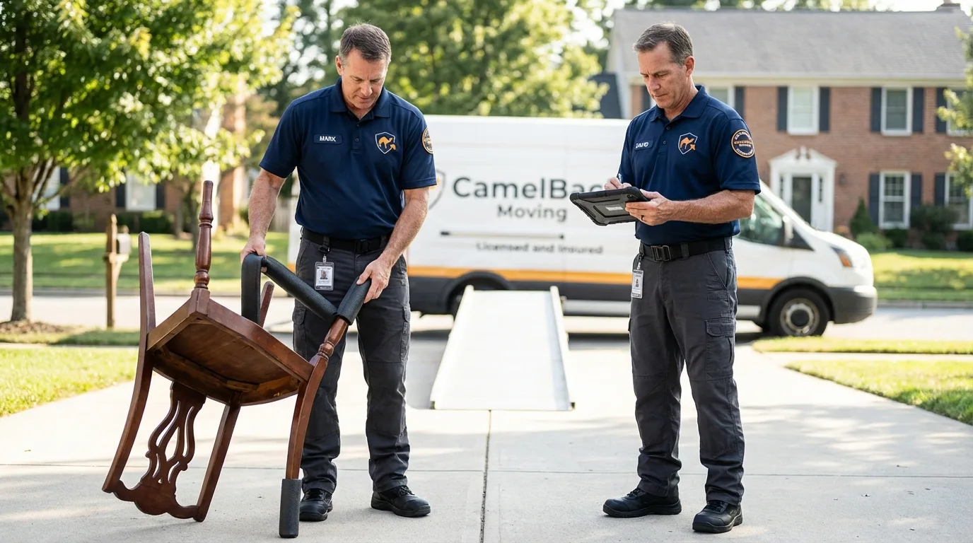 Movers inspecting furniture for damage prevention before loading in Schwenksville, PA