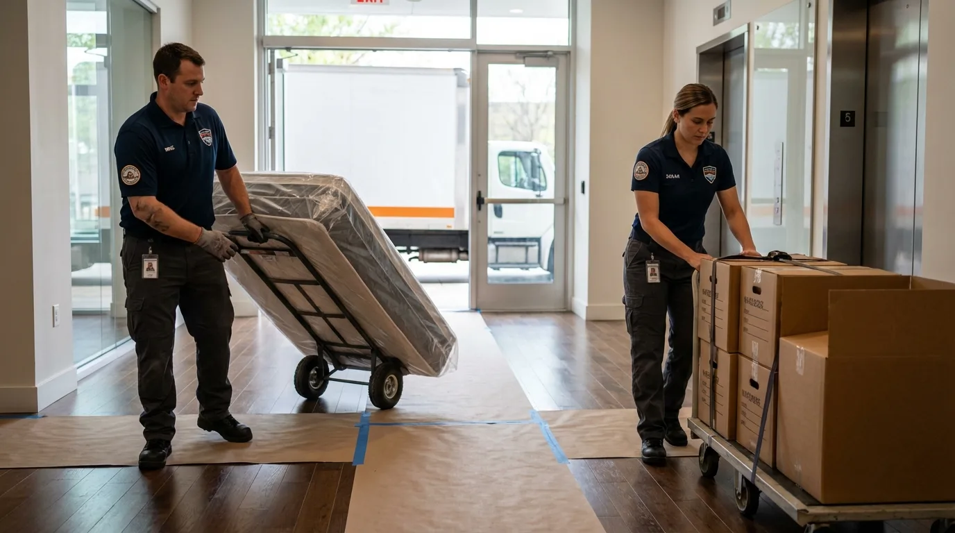Professional apartment movers loading elevator in Schwenksville, PA