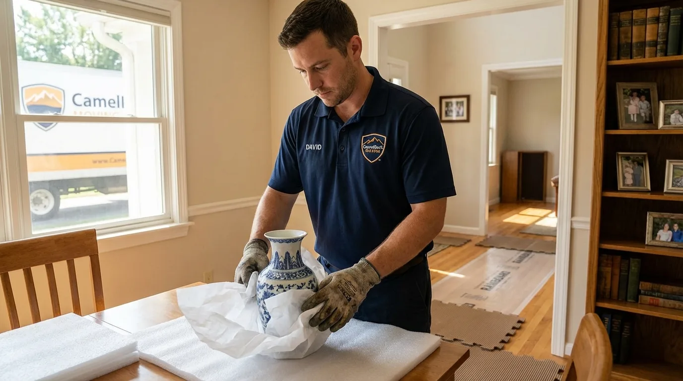 Professional crew carefully wrapping antique vase for senior downsizing move in Schwenksville, PA